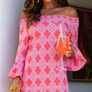 Cabana Life Coral Geo Off The Shoulder Dress L Large Beach Boho Smocked Tassel